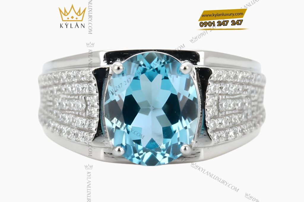Nhẫn nam vàng trắng Au750 đính kim cương và đá Topaz xanh