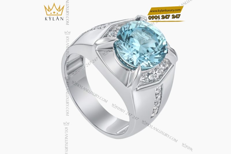 Nhẫn nam vàng trắng Au750 đính kim cương và đá Topaz xanh