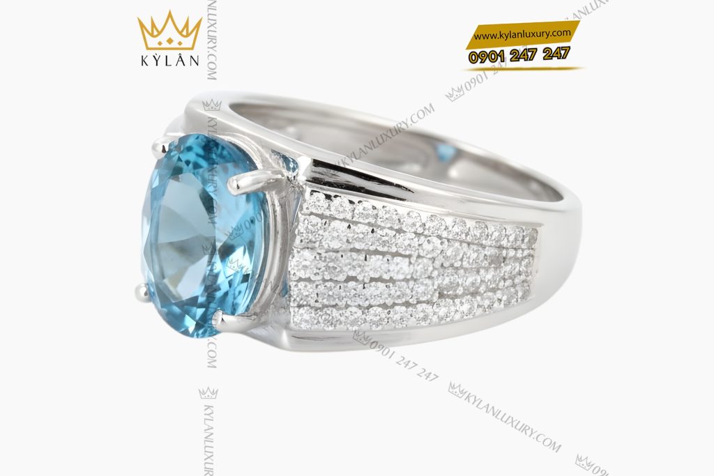 Nhẫn nam vàng trắng Au750 đính kim cương và đá Topaz xanh