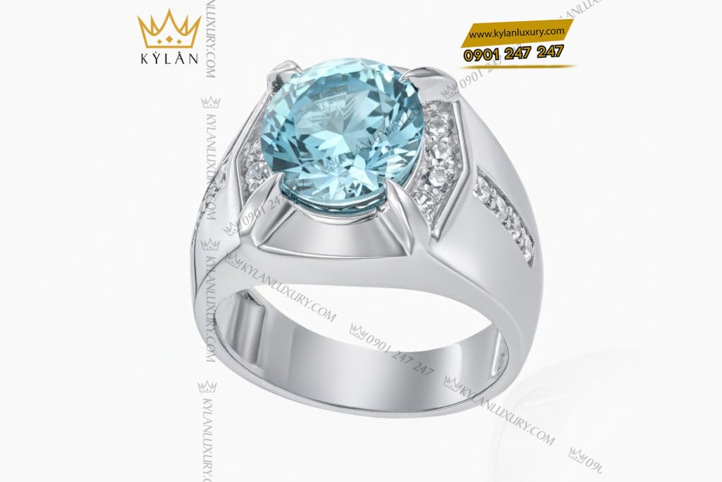 Nhẫn nam vàng trắng Au750 đính kim cương và đá Topaz xanh 4 Nhẫn nam vàng trắng Au750 đính kim cương và đá Topaz xanh
