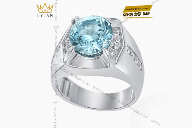 Nhẫn nam vàng trắng Au750 đính kim cương và đá Topaz xanh
