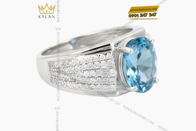 Nhẫn nam vàng trắng Au750 đính kim cương và đá Topaz xanh