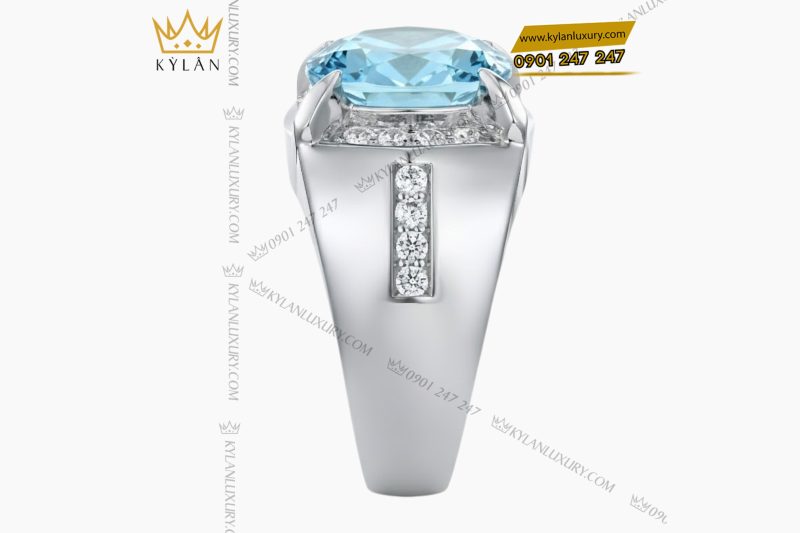 Nhẫn nam vàng trắng Au750 đính kim cương và đá Topaz xanh