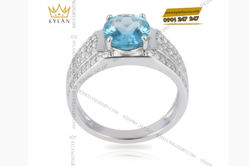 Nhẫn nam vàng trắng Au750 đính kim cương và đá Topaz xanh