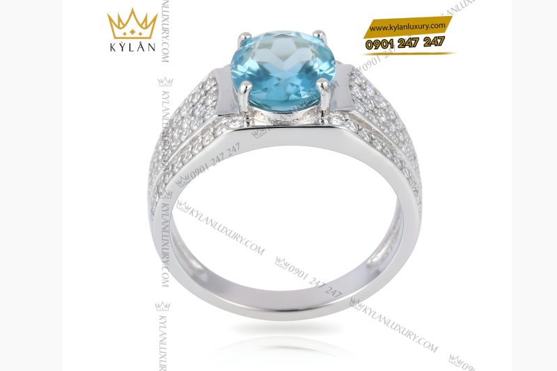 Nhẫn nam vàng trắng Au750 đính kim cương và đá Topaz xanh