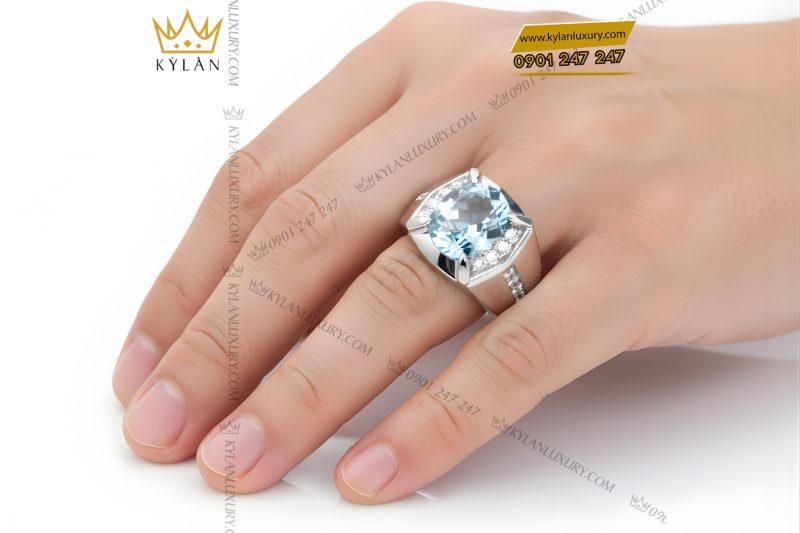 Nhẫn nam vàng trắng Au750 đính kim cương và đá Topaz xanh