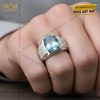 Nhẫn nam vàng trắng Au750 đính kim cương và đá Topaz xanh
