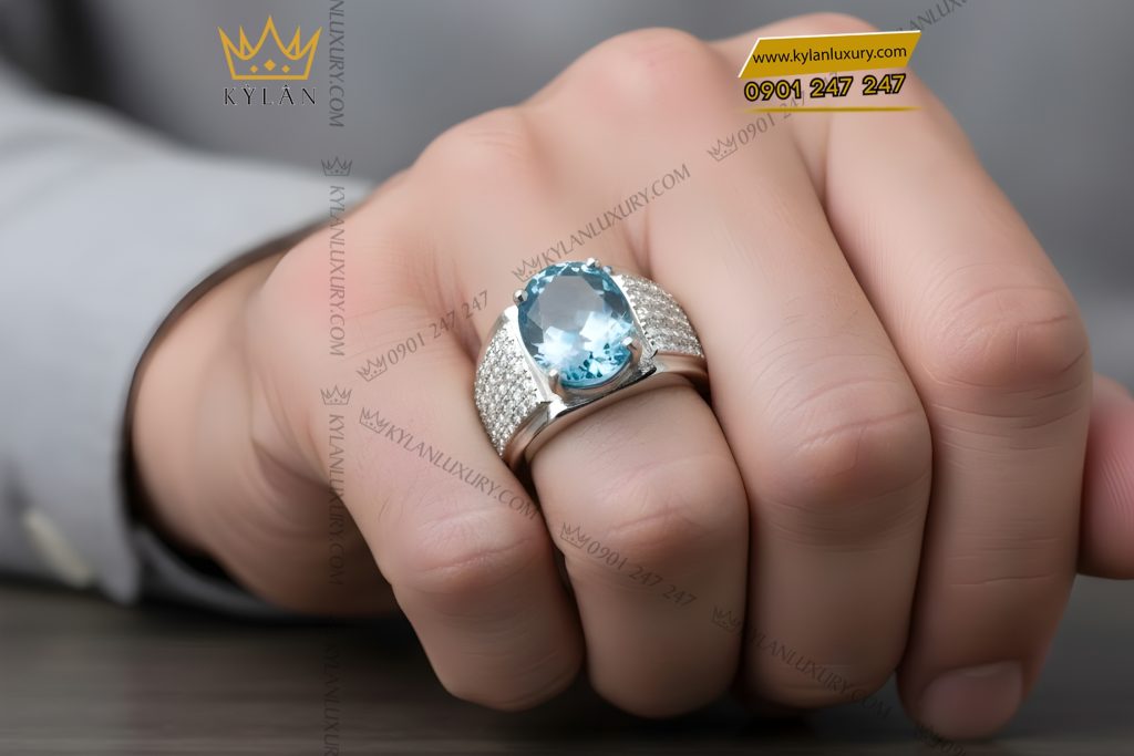 Nhẫn nam vàng trắng Au750 đính kim cương và đá Topaz xanh