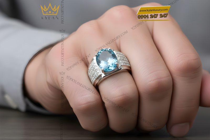 Nhẫn nam vàng trắng Au750 đính kim cương và đá Topaz xanh