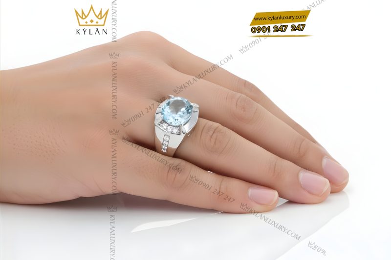 Nhẫn nam vàng trắng Au750 đính kim cương và đá Topaz xanh