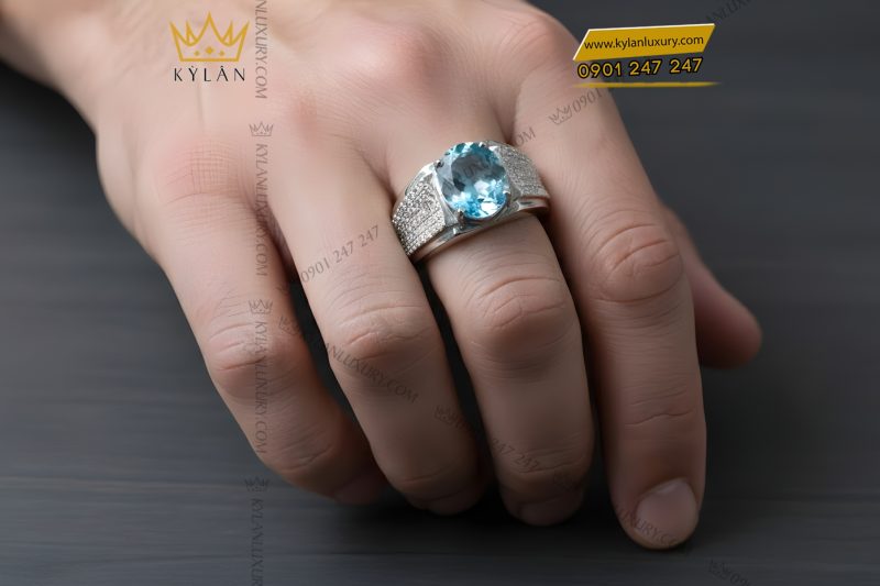 Nhẫn nam vàng trắng Au750 đính kim cương và đá Topaz xanh