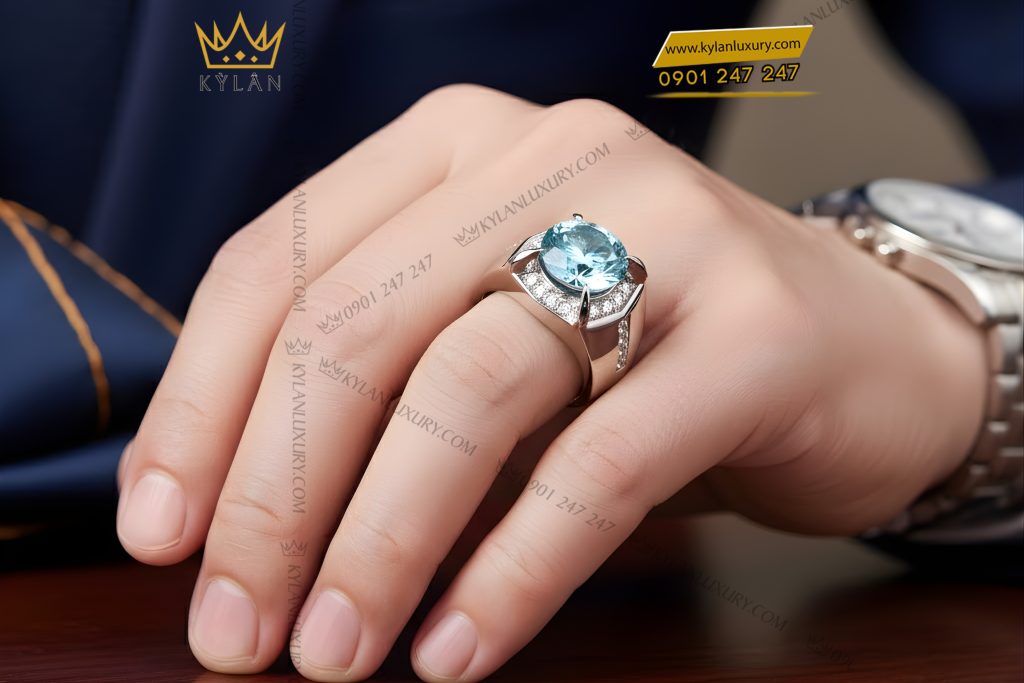 Nhẫn nam vàng trắng Au750 đính kim cương và đá Topaz xanh 7 Nhẫn nam vàng trắng Au750 đính kim cương và đá Topaz xanh