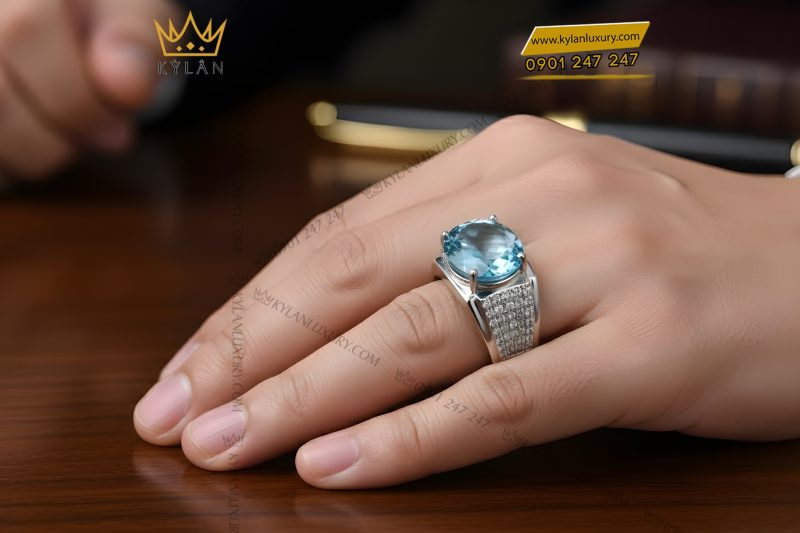 Nhẫn nam vàng trắng Au750 đính kim cương và đá Topaz xanh