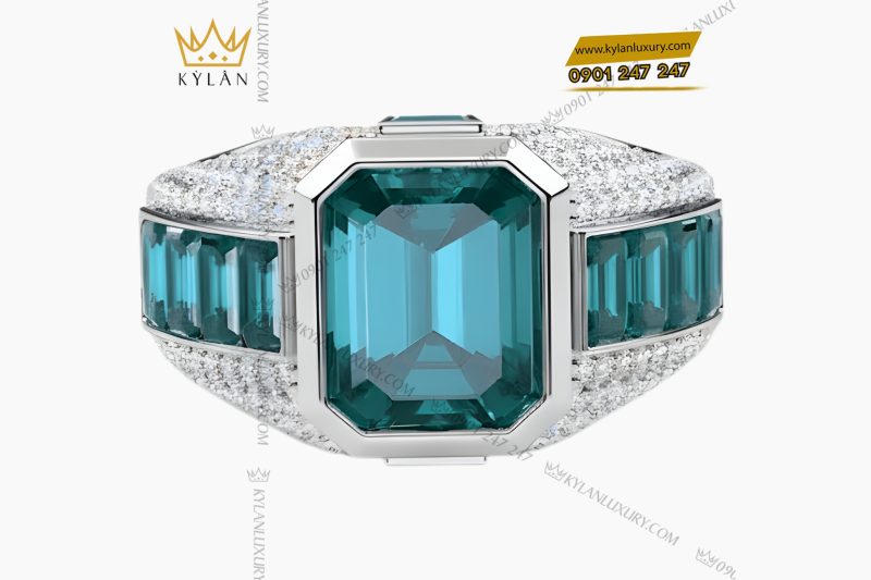 Nhẫn nam vàng trắng Au750 đính kim cương và đá quý