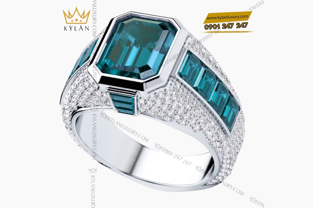 Nhẫn nam vàng trắng Au750 đính kim cương và đá quý 4 Nhẫn nam vàng trắng Au750 đính kim cương và đá quý