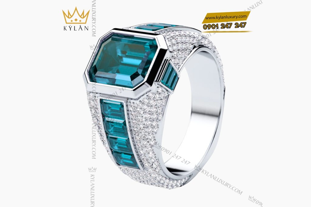 Nhẫn nam vàng trắng Au750 đính kim cương và đá quý 2 Nhẫn nam vàng trắng Au750 đính kim cương và đá quý