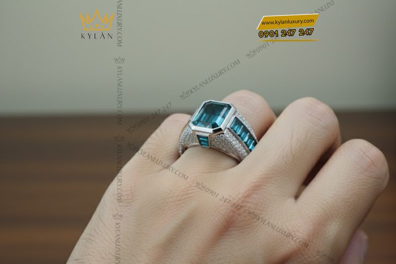 Nhẫn nam vàng trắng Au750 đính kim cương và đá quý