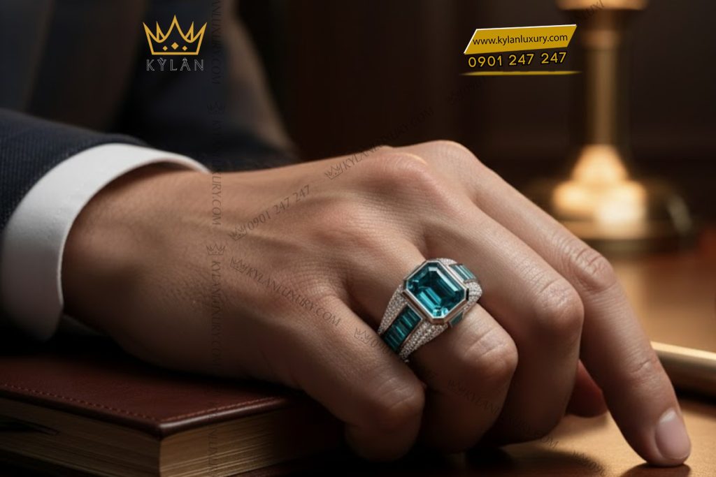 Nhẫn nam vàng trắng Au750 đính kim cương và đá quý 15 Kỳ Lân Luxury Nhan nam vang trang Au750 dinh kim cuong va da quy 8 Nhẫn nam vàng trắng Au750 đính kim cương và đá quý