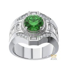 Nhẫn nam vàng trắng Au750 đính kim cương và đá quý xanh