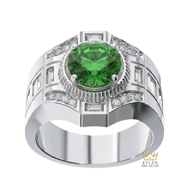 Nhẫn nam vàng trắng Au750 đính kim cương và đá quý xanh