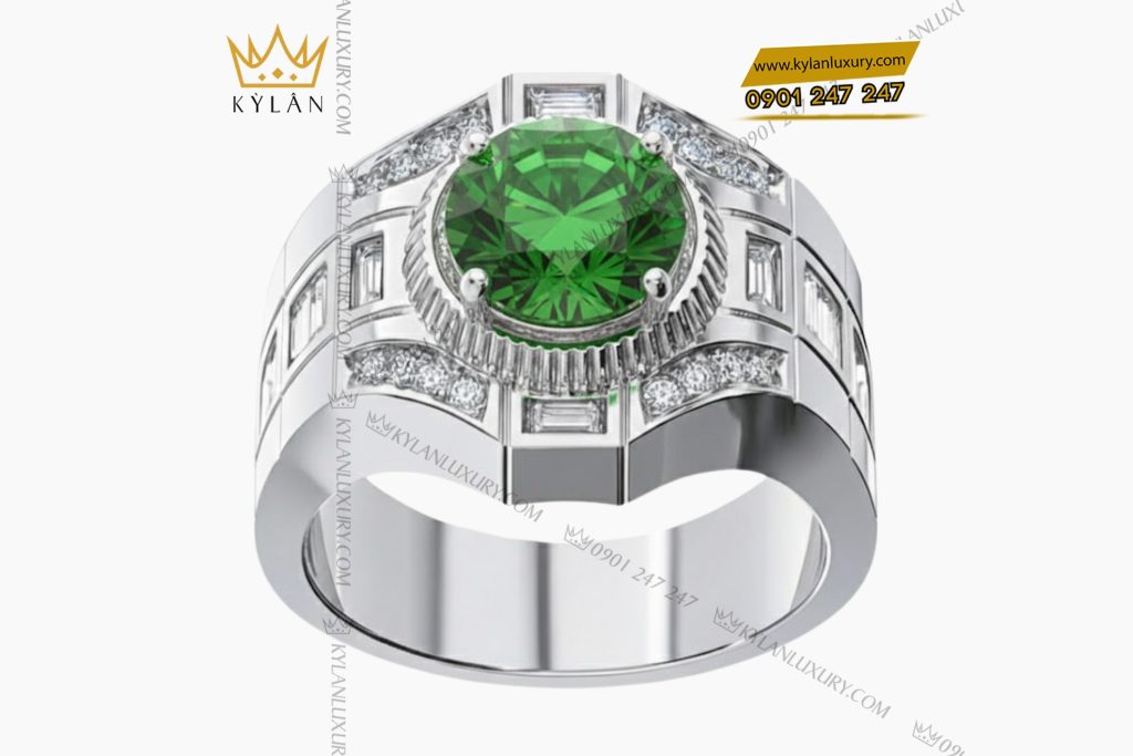 Nhẫn nam vàng trắng Au750 đính kim cương và đá quý xanh