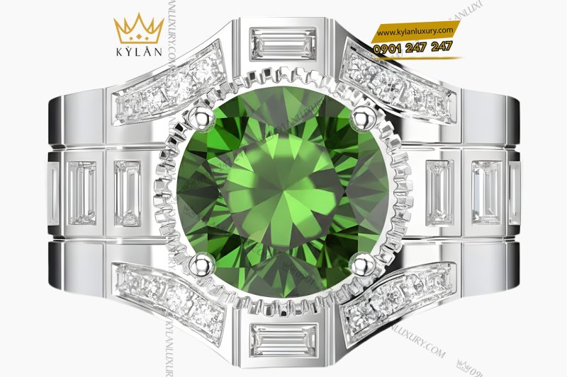 Nhẫn nam vàng trắng Au750 đính kim cương và đá quý xanh