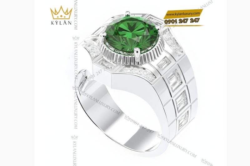 Nhẫn nam vàng trắng Au750 đính kim cương và đá quý xanh
