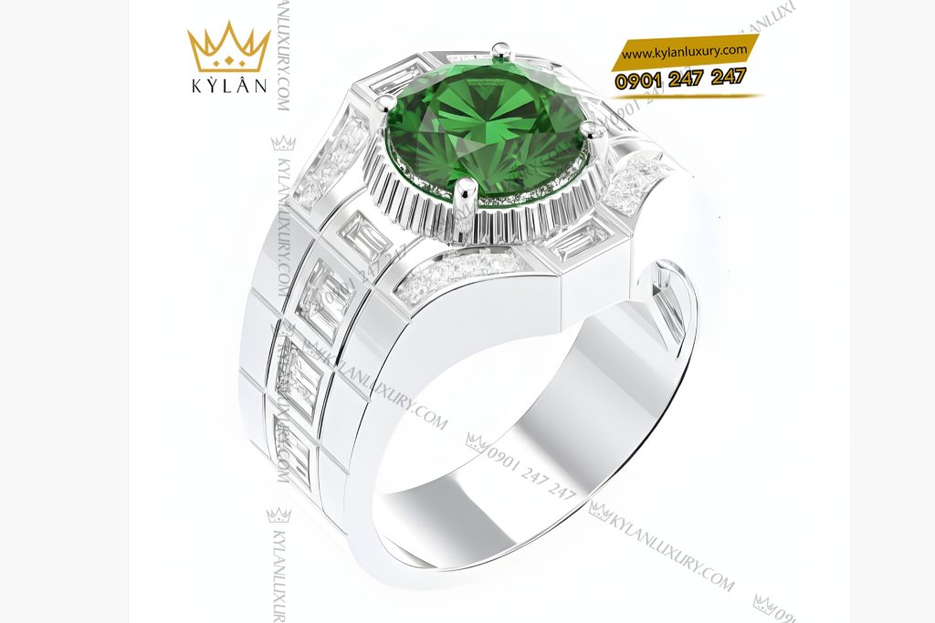 Kỳ Lân Luxury Nhan nam vang trang Au750 dinh kim cuong va da quy xanh 5 Nhẫn nam vàng trắng Au750 đính kim cương và đá quý xanh
