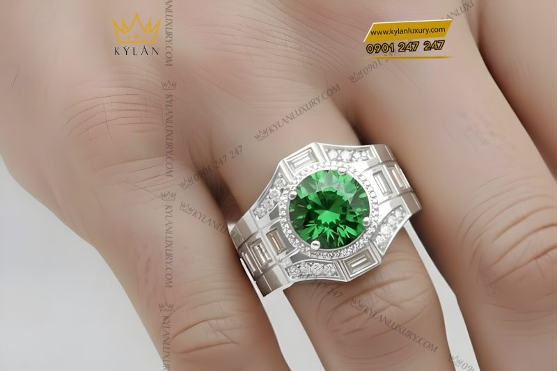 Nhẫn nam vàng trắng Au750 đính kim cương và đá quý xanh