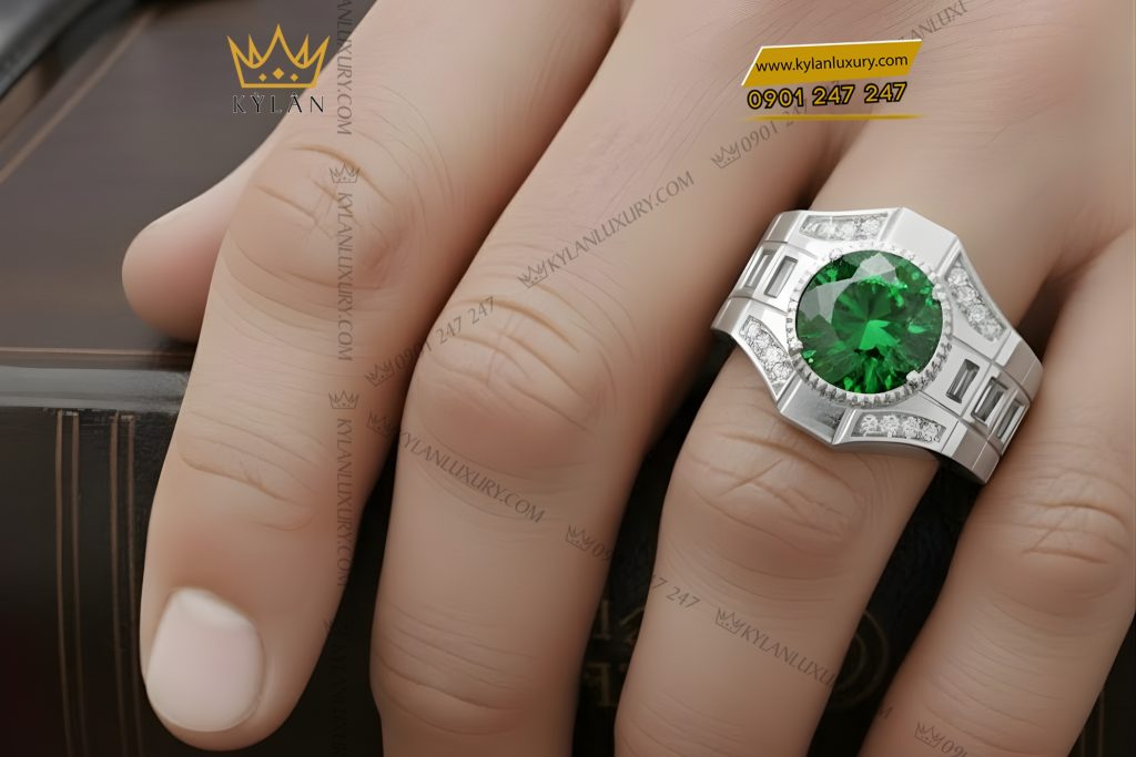Nhẫn nam vàng trắng Au750 đính kim cương và đá quý xanh