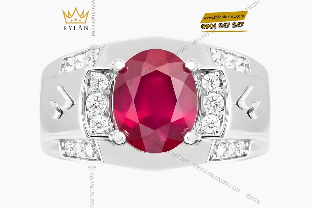 Nhẫn nam vàng trắng Au750 đính kim cương và đá ruby