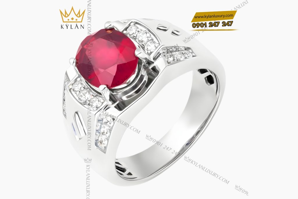 Kỳ Lân Luxury Nhan nam vang trang Au750 dinh kim cuong va da ruby Nhẫn nam vàng trắng Au750 đính kim cương và đá ruby