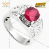 Nhẫn nam vàng trắng Au750 đính kim cương và đá ruby
