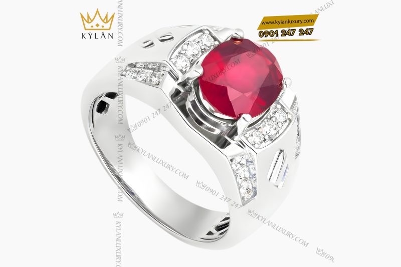 Nhẫn nam vàng trắng Au750 đính kim cương và đá ruby