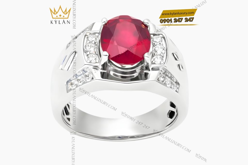 Nhẫn nam vàng trắng Au750 đính kim cương và đá ruby