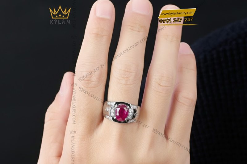 Nhẫn nam vàng trắng Au750 đính kim cương và đá ruby
