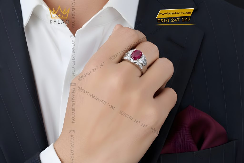 Nhẫn nam vàng trắng Au750 đính kim cương và đá ruby