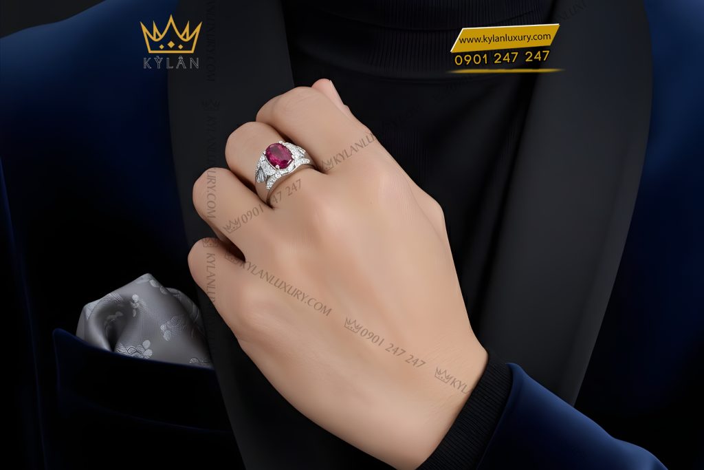 Nhẫn nam vàng trắng Au750 đính kim cương và đá ruby