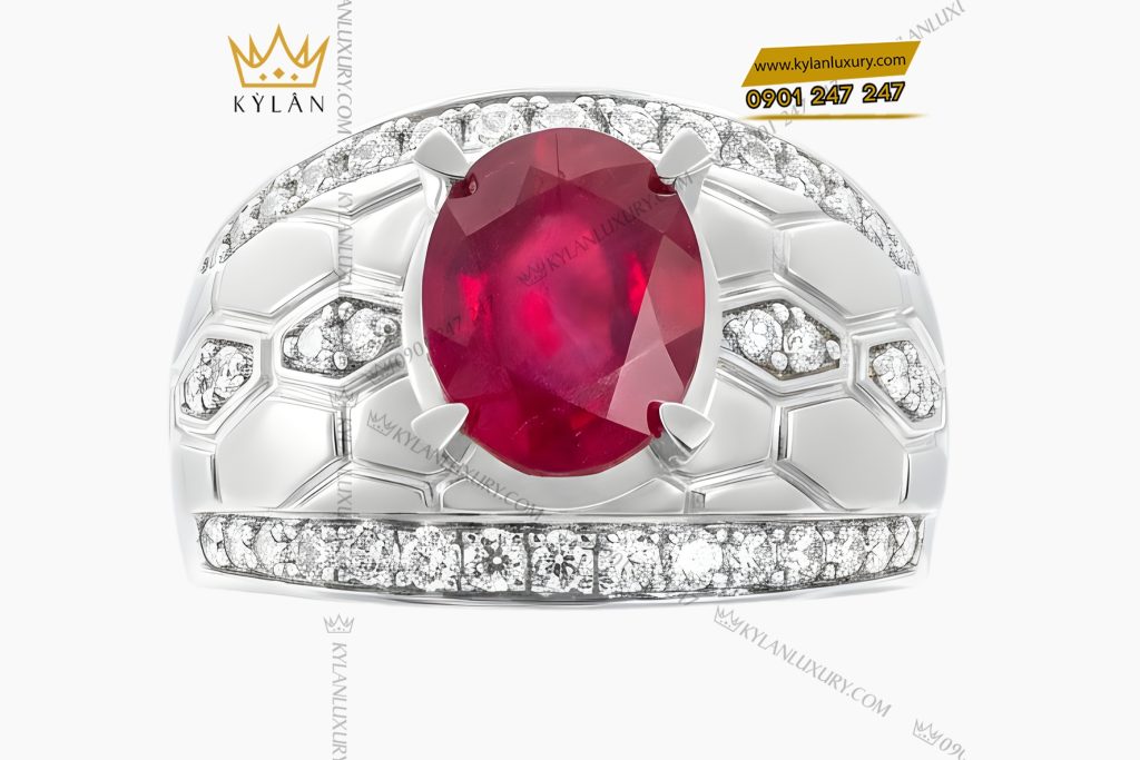 Nhẫn nam vàng trắng Au750 đính kim cương và ruby hồng