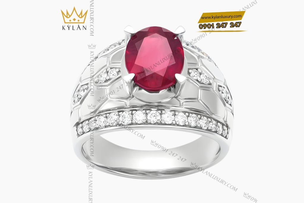 Nhẫn nam vàng trắng Au750 đính kim cương và ruby hồng
