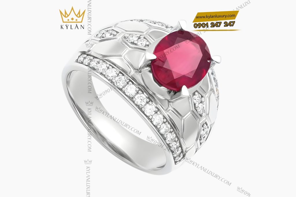 Kỳ Lân Luxury Nhan nam vang trang Au750 dinh kim cuong va ruby hong 4 Nhẫn nam vàng trắng Au750 đính kim cương và ruby hồng
