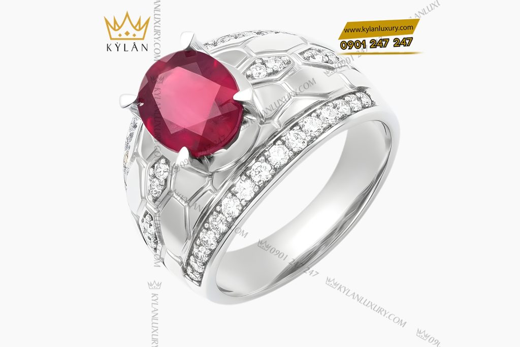 Nhẫn nam vàng trắng Au750 đính kim cương và ruby hồng