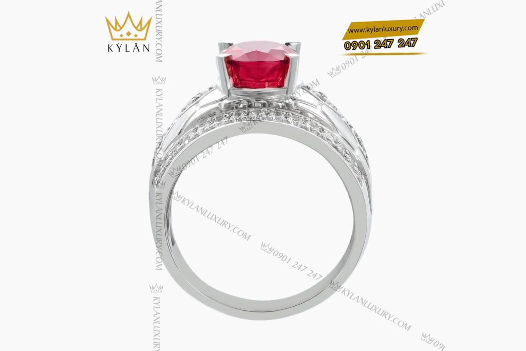 Nhẫn nam vàng trắng Au750 đính kim cương và ruby hồng