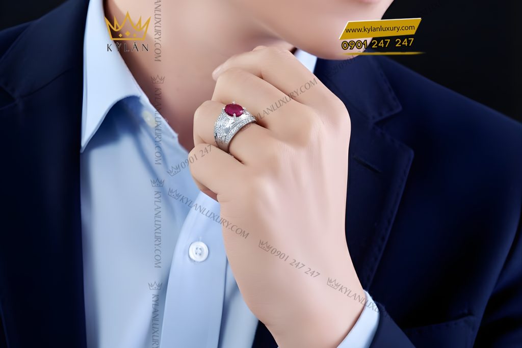 Nhẫn nam vàng trắng Au750 đính kim cương và ruby hồng