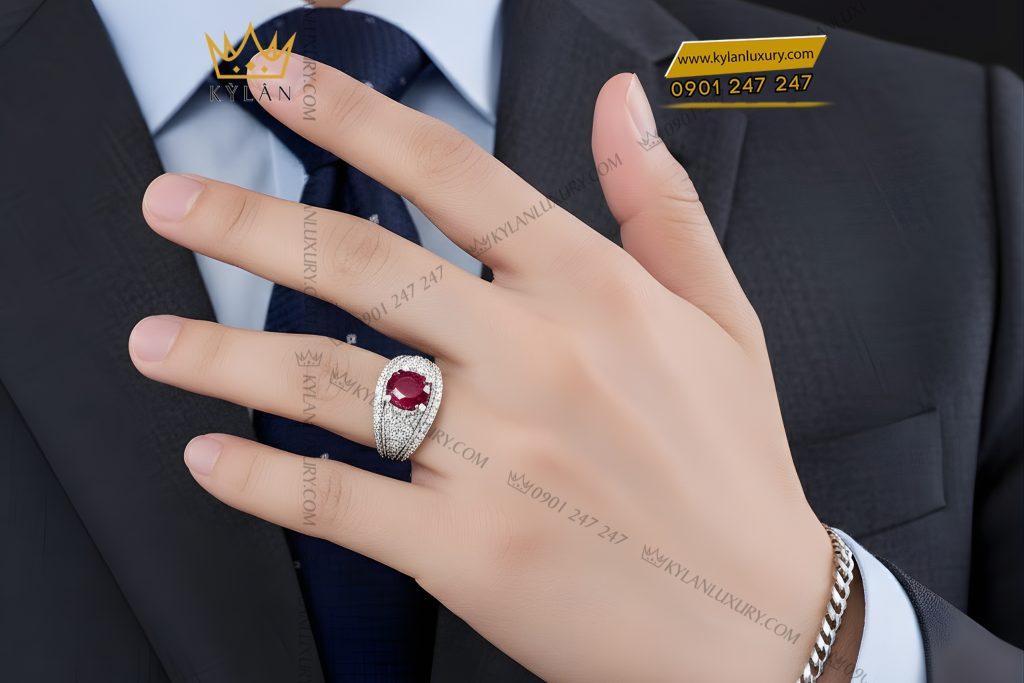 Nhẫn nam vàng trắng Au750 đính kim cương và ruby hồng