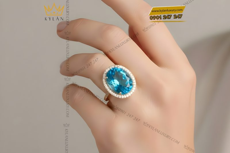 Nhẫn nữ Oval vàng Au750 đính kim cương và đá Topaz