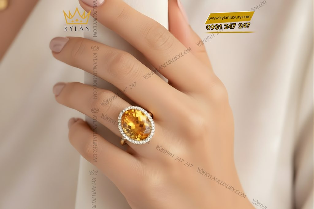 Nhẫn nữ Oval vàng Au750 đính kim cương và đá quý vàng
