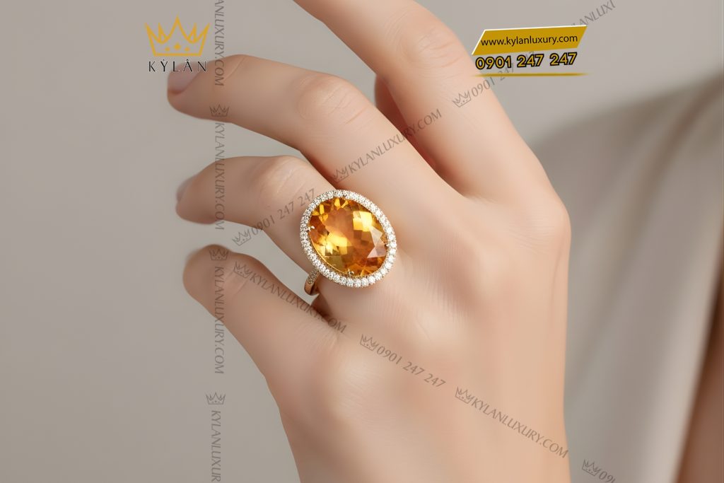 Nhẫn nữ Oval vàng Au750 đính kim cương và đá quý vàng
