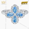 Nhẫn nữ vàng trắng Au750 hoa 4 cánh đính kim cương và topaz