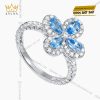 Nhẫn nữ vàng trắng Au750 hoa 4 cánh đính kim cương và topaz